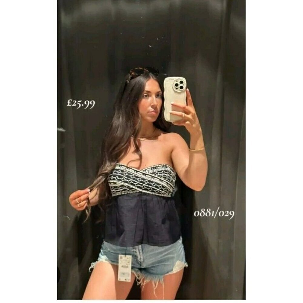 Zara Black Embroidered  Crop Strapless Top 0881 029